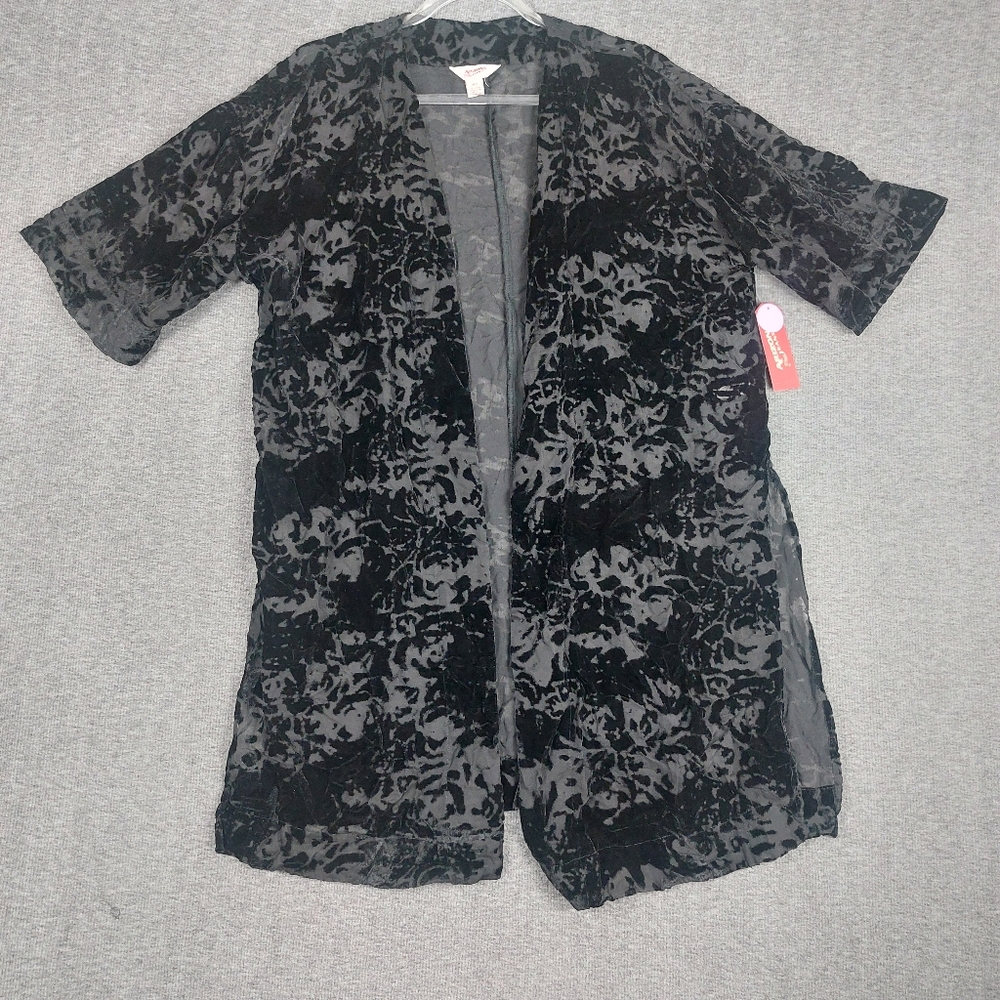 ARIZONA JEANS CO WOMEN BLACK VELVET BURNOUT WHIMSIGOTH OPEN FRONT KIMONO M/L NWT